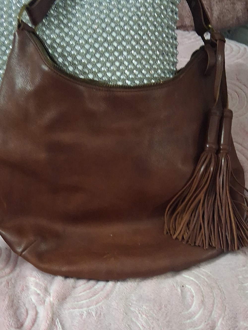 Lucky Brand Classic Leather Hobo Bag in Brown With Fringe Tassels.